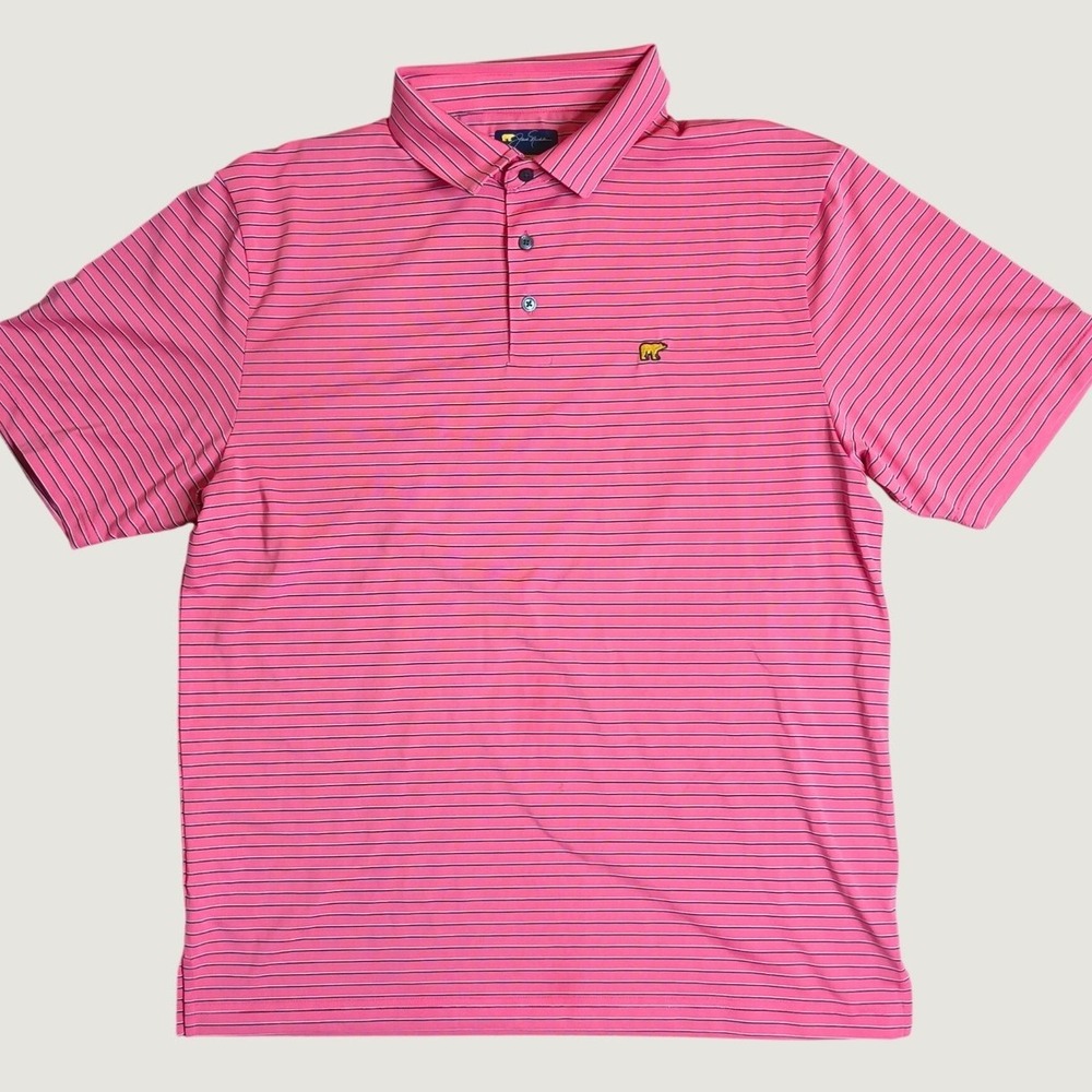 Jack Nicklaus Golden Bear Polo Men Size L Pink Striped Short Sleeve Golf Shirt